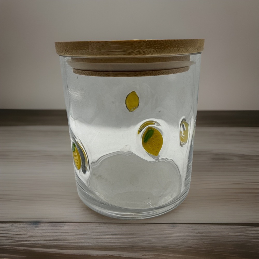 NEW Lemon Imprinted Icon Glass Container w/ lid. Great As Drink Glass Or Storage